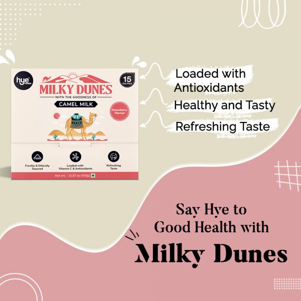 Milky Dunes Strawberry Camel Milk Powder | Supplements Height Growth, Immunity and Gut Health High Nutrition Tastier 15 x 30 pack 450 gms